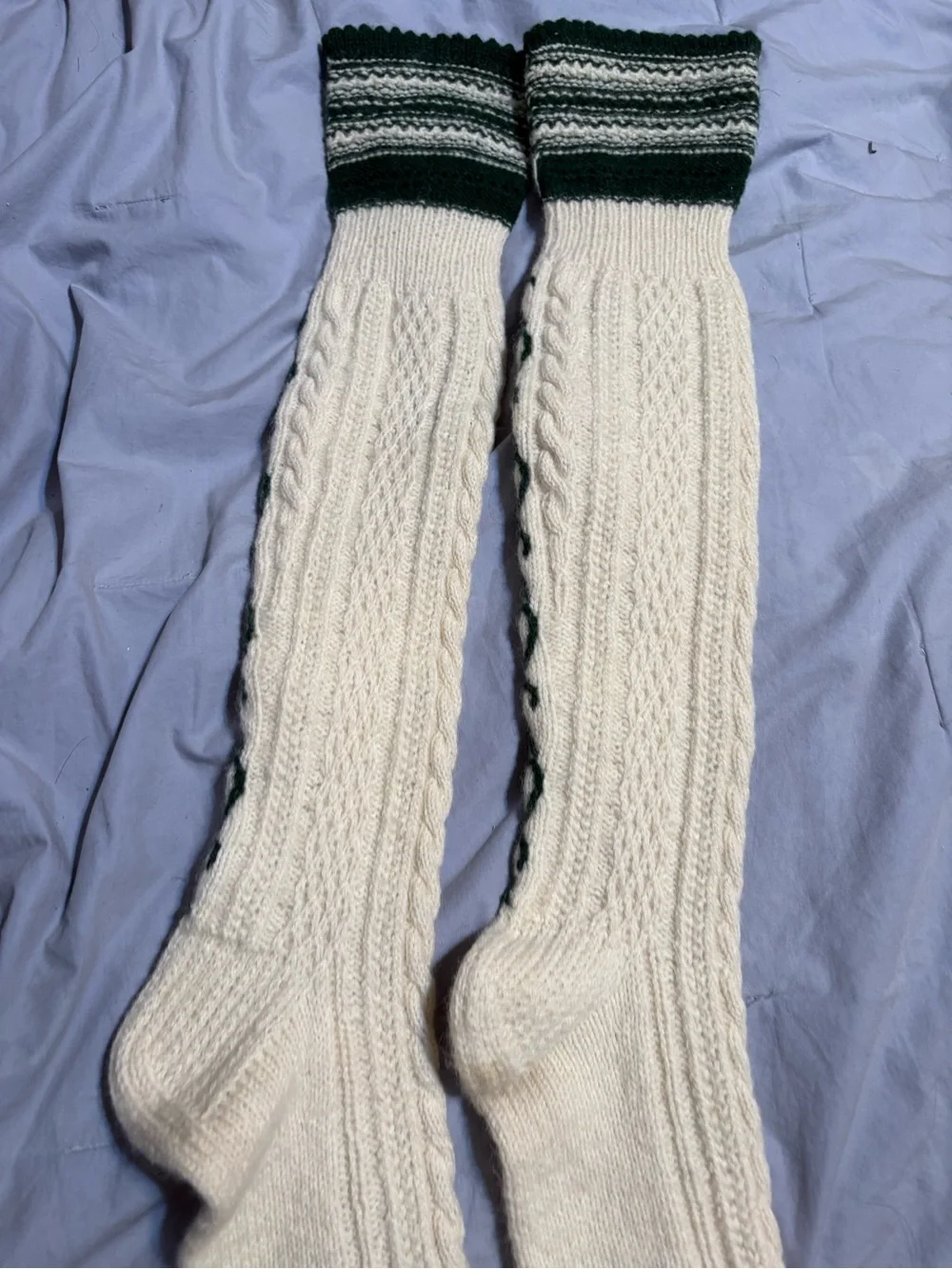 Cream Cable-Knit Arm Warmers with Dark Green Trim